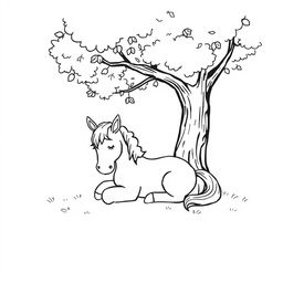 A charming black and white drawing of a horse peacefully resting under a tree, with a clean white background