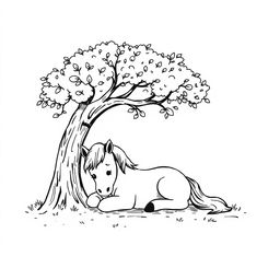 A charming black and white drawing of a horse peacefully resting under a tree, with a clean white background