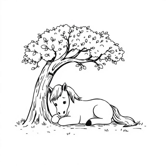 A charming black and white drawing of a horse peacefully resting under a tree, with a clean white background