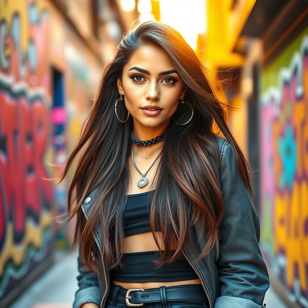 A stunning portrait of a beautiful, fashion-forward young woman with long, flowing hair, standing in a vibrant urban setting