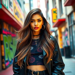 A stunning portrait of a beautiful, fashion-forward young woman with long, flowing hair, standing in a vibrant urban setting