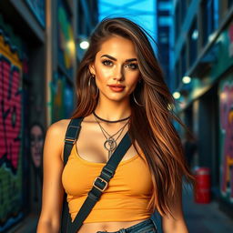 A stunning portrait of a beautiful, fashion-forward young woman with long, flowing hair, standing in a vibrant urban setting