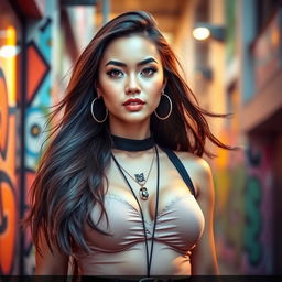 A stunning portrait of a beautiful, fashion-forward young woman with long, flowing hair, standing in a vibrant urban setting