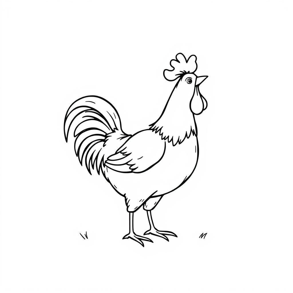 A delightful black and white drawing of a rooster crowing to wake up the farm, set against a bright white background