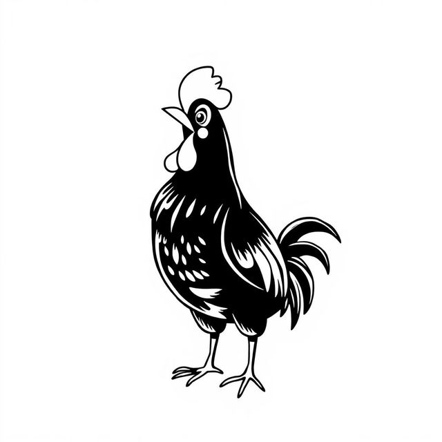 A delightful black and white drawing of a rooster crowing to wake up the farm, set against a bright white background