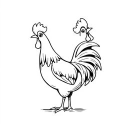 A delightful black and white drawing of a rooster crowing to wake up the farm, set against a bright white background