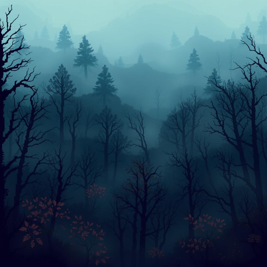 A mystical forest scene depicted in pixel art, shrouded in thick fog