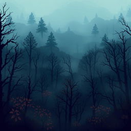 A mystical forest scene depicted in pixel art, shrouded in thick fog