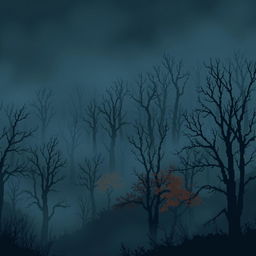 A mystical forest scene depicted in pixel art, shrouded in thick fog