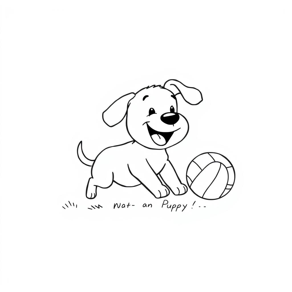 A playful black and white drawing of a puppy joyfully playing with a ball, depicted against a crisp white background