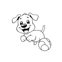 A playful black and white drawing of a puppy joyfully playing with a ball, depicted against a crisp white background