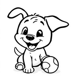 A playful black and white drawing of a puppy joyfully playing with a ball, depicted against a crisp white background