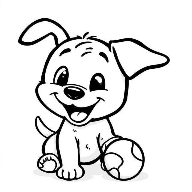 A playful black and white drawing of a puppy joyfully playing with a ball, depicted against a crisp white background