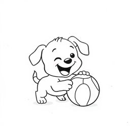 A playful black and white drawing of a puppy joyfully playing with a ball, depicted against a crisp white background