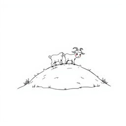 A delightful black and white drawing of cabritinhos (baby goats) exploring a small hill, set against a bright white background