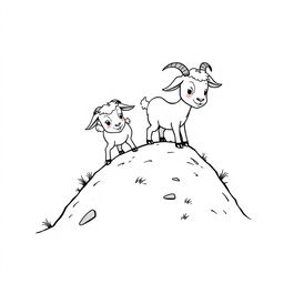 A delightful black and white drawing of cabritinhos (baby goats) exploring a small hill, set against a bright white background