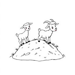 A delightful black and white drawing of cabritinhos (baby goats) exploring a small hill, set against a bright white background