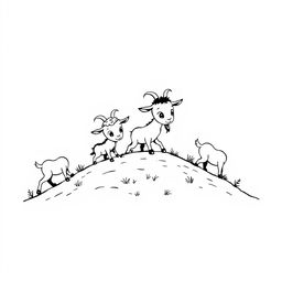 A delightful black and white drawing of cabritinhos (baby goats) exploring a small hill, set against a bright white background