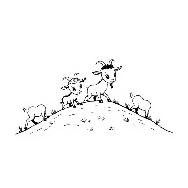 A delightful black and white drawing of cabritinhos (baby goats) exploring a small hill, set against a bright white background