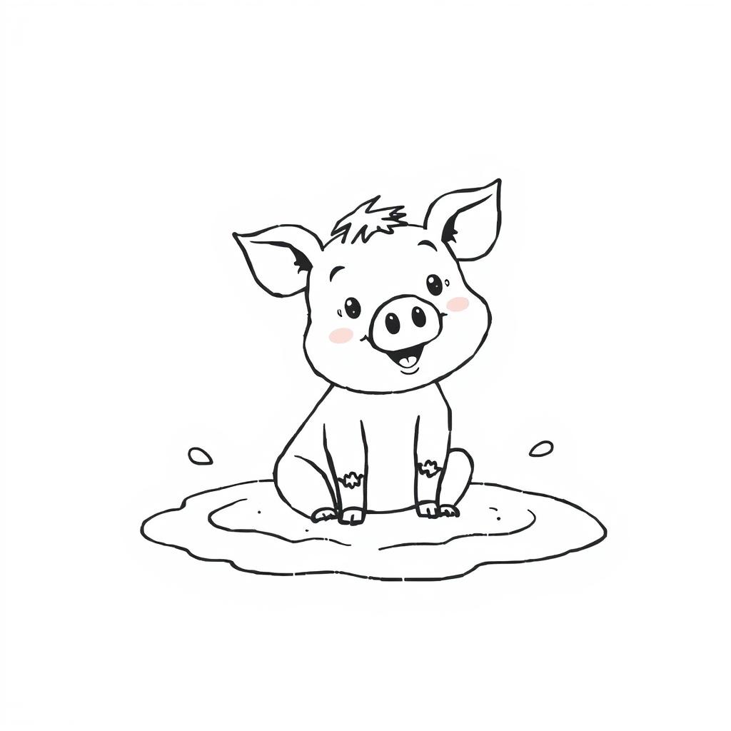 A charming black and white drawing of a piggy happily taking a bath in the mud, set against a bright white background