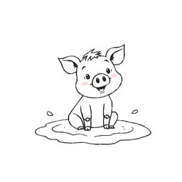 A charming black and white drawing of a piggy happily taking a bath in the mud, set against a bright white background