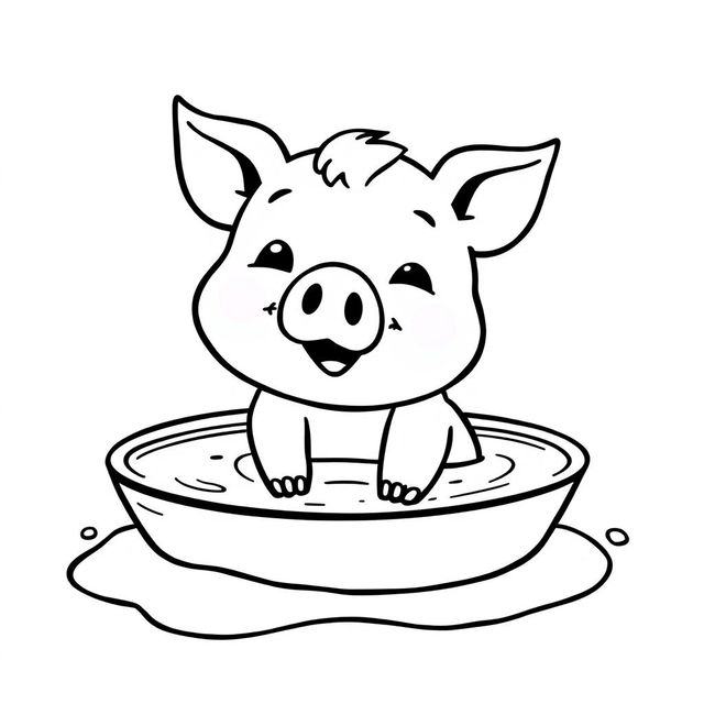 A charming black and white drawing of a piggy happily taking a bath in the mud, set against a bright white background