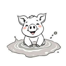 A charming black and white drawing of a piggy happily taking a bath in the mud, set against a bright white background