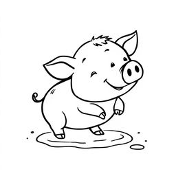 A charming black and white drawing of a piggy happily taking a bath in the mud, set against a bright white background