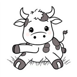 A charming black and white drawing of a cute cow lying on green grass, with a bright white background