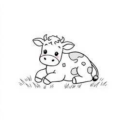 A charming black and white drawing of a cute cow lying on green grass, with a bright white background