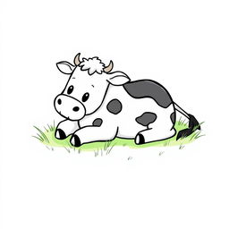 A charming black and white drawing of a cute cow lying on green grass, with a bright white background