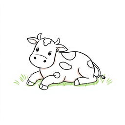 A charming black and white drawing of a cute cow lying on green grass, with a bright white background