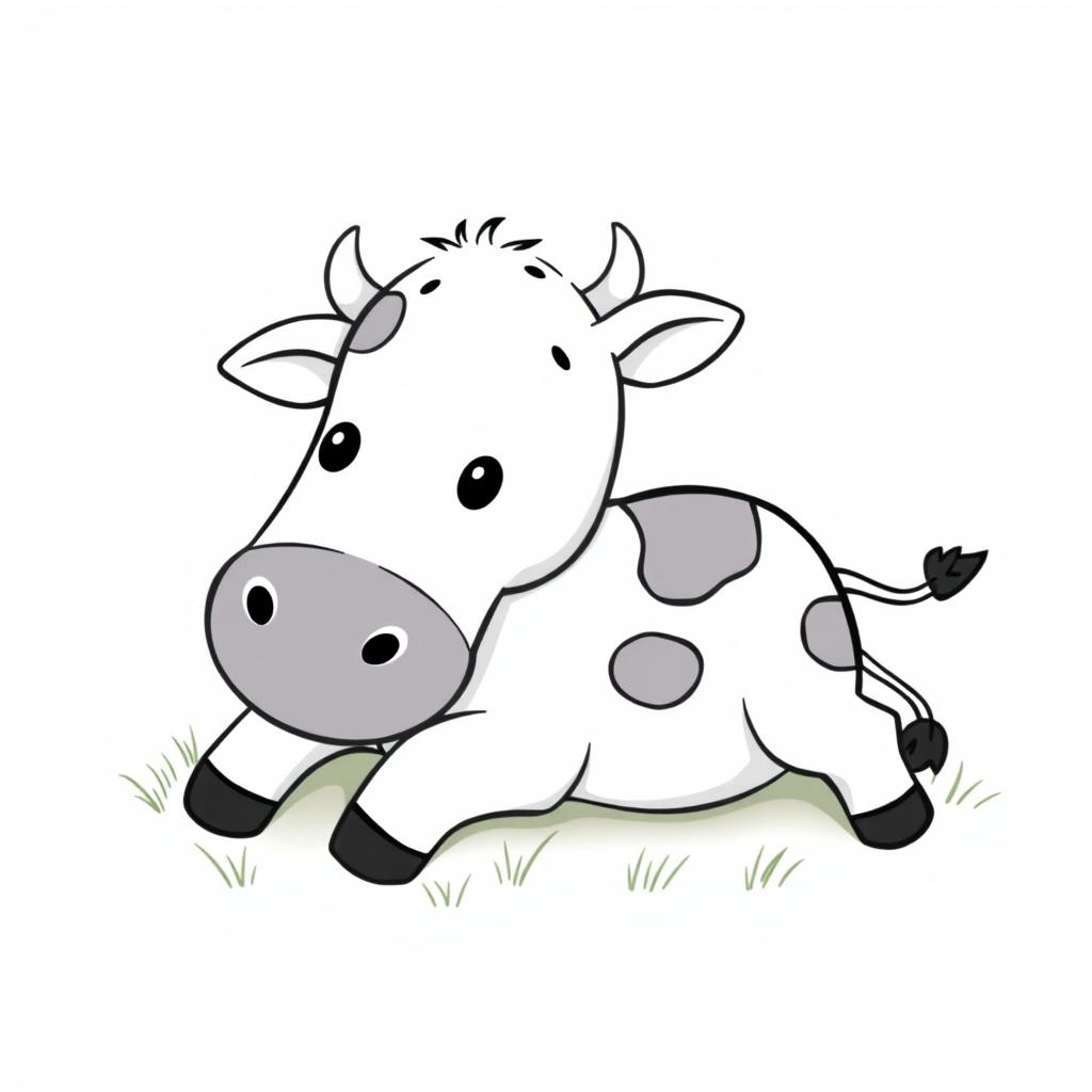 A charming black and white drawing of a cute cow lying on green grass, with a bright white background