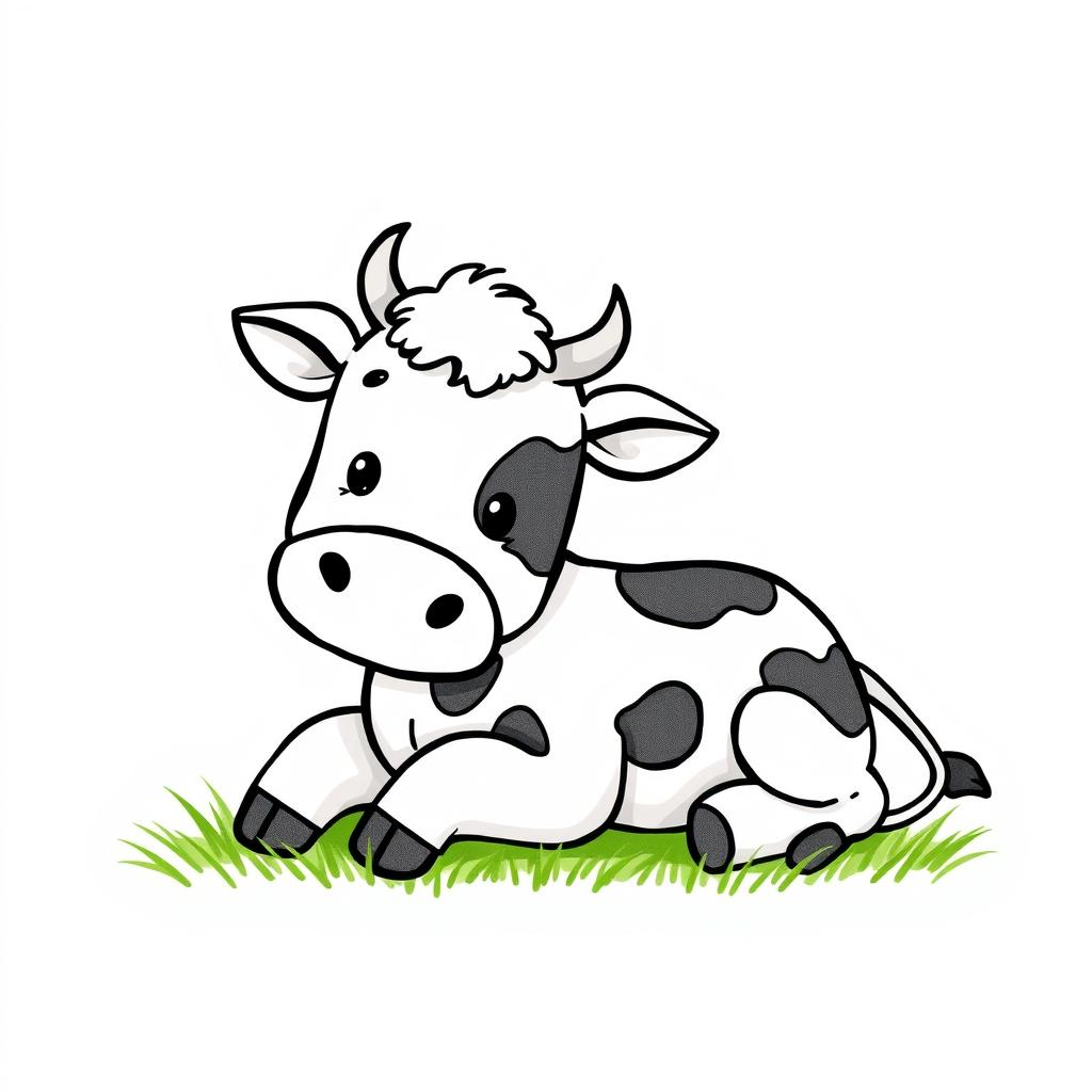 A charming black and white drawing of a cute cow lying on green grass, with a bright white background