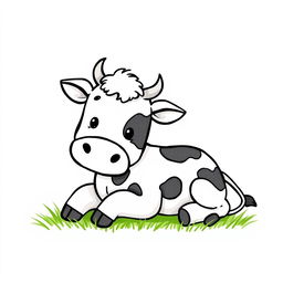 A charming black and white drawing of a cute cow lying on green grass, with a bright white background