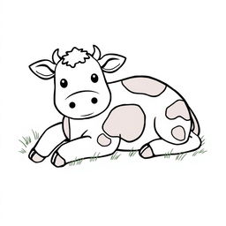 A charming black and white drawing of a cute cow lying on green grass, with a bright white background