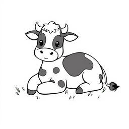 A charming black and white drawing of a cute cow lying on green grass, with a bright white background