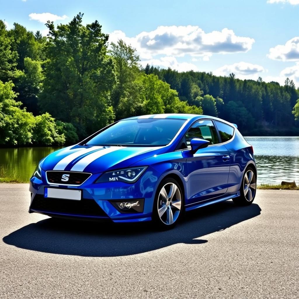 A striking blue Seat Leon MK3 with two white racing stripes, parked by a serene lake surrounded by a lush green forest