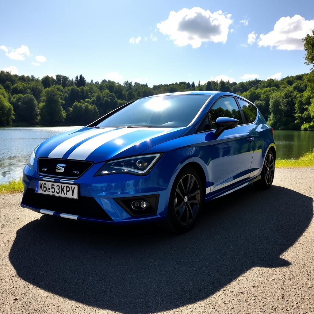 A striking blue Seat Leon MK3 with two white racing stripes, parked by a serene lake surrounded by a lush green forest