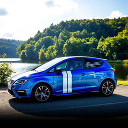 A striking blue Seat Leon MK3 with two white racing stripes, parked by a serene lake surrounded by a lush green forest