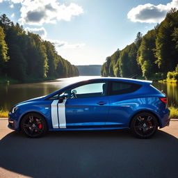 A striking blue Seat Leon MK3 with two white racing stripes, parked by a serene lake surrounded by a lush green forest