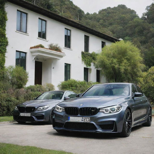 A Benz C200 and BMW M3 parked in front of an elegant villa with lush greenery surrounding them