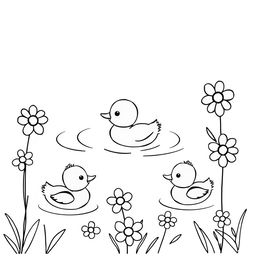 A delightful black and white drawing of ducklings swimming around water flowers, featuring a clear white background