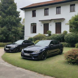 A Benz C200 and BMW M3 parked in front of an elegant villa with lush greenery surrounding them