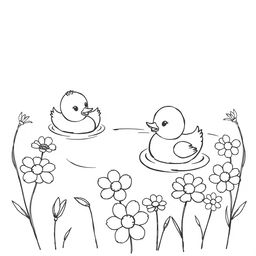 A delightful black and white drawing of ducklings swimming around water flowers, featuring a clear white background