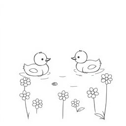 A delightful black and white drawing of ducklings swimming around water flowers, featuring a clear white background