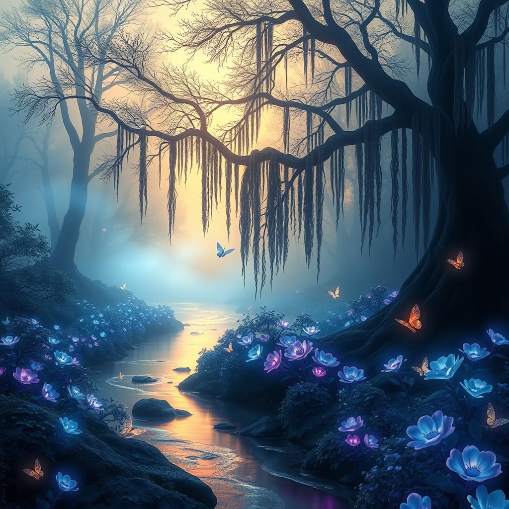 An ethereal landscape of a mystical forest shrouded in soft mist during the golden hour, with luminous plants glowing in shades of blue and purple