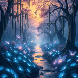 An ethereal landscape of a mystical forest shrouded in soft mist during the golden hour, with luminous plants glowing in shades of blue and purple