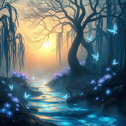 An ethereal landscape of a mystical forest shrouded in soft mist during the golden hour, with luminous plants glowing in shades of blue and purple