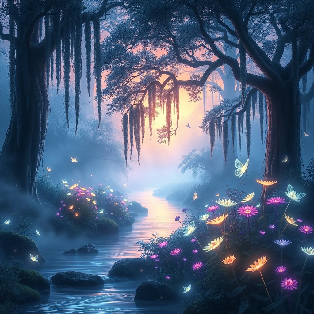 An ethereal landscape of a mystical forest shrouded in soft mist during the golden hour, with luminous plants glowing in shades of blue and purple